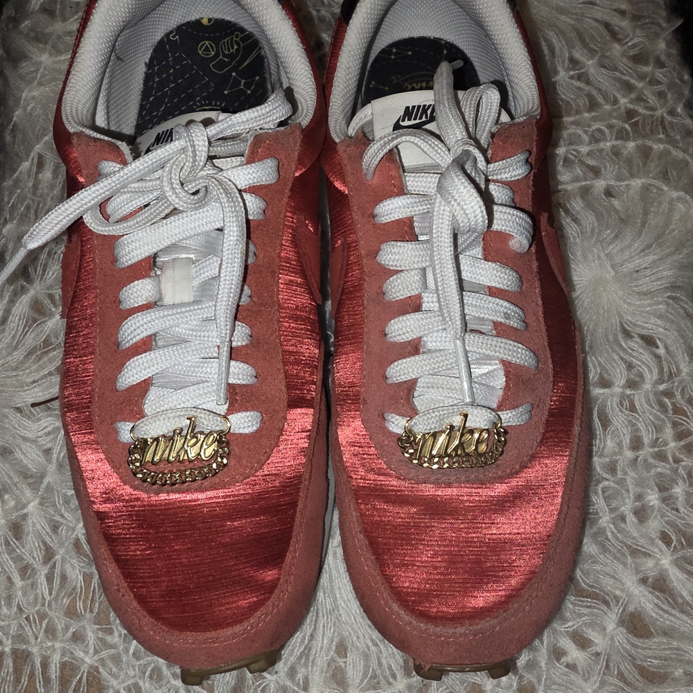 Nike Red (Chike) Satin & Suede Lace-Up Sneakers with Gold Accents